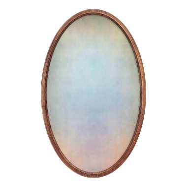 Tahta kahverengi çerçeve. Beyaz arkaplanda izole edilmiş renkli soyut dolgu dokusuna sahip boş oval çerçeve. Yuvarlak kare. İmza panosu modeli. Eski çerçeve. İlan tahtası.