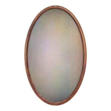 Ahşap çerçeve. Beyaz arkaplanda izole edilmiş renkli soyut dolgu dokusuna sahip boş oval çerçeve. Yuvarlak kare. İmza panosu modeli. Eski çerçeve. İlan tahtası.