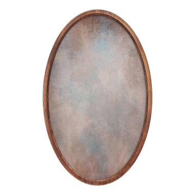 Tahta kahverengi çerçeve. Soyut dolgu dokusu beyaz arkaplanda izole edilmiş boş oval çerçeve. Yuvarlak kare. İmza panosu modeli. Eski çerçeve. İlan tahtası.