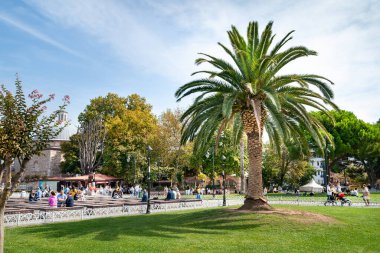 İstanbul 'daki Mavi Cami' nin yakınındaki meydanda avuç içi var. Türkiye 'nin simgeleri. Turistik bir yer. Hindi. İstanbul. 25 Eylül 2021.