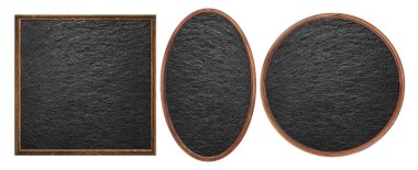 Tahta çerçeve seti. Boş kare, daire, oval çerçeve, beyaz arkaplanda izole edilmiş siyah taş yüzey dokusu. Boş çerçeve. İmza panosu modeli. Eski çerçeve. İlan tahtası.