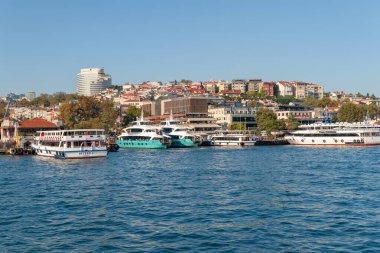 İstanbul 'daki Boğaz kıyısına çok sayıda gemi yanaşıyor. Boğaz. Boğaz. İstanbul. Hindi. 09,25,2021.