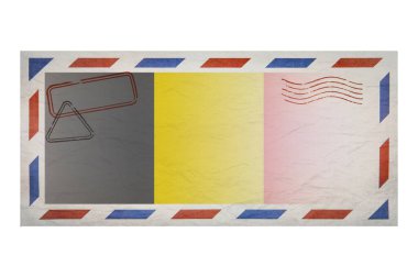 Postal envelope. Envelope with the image flag of Belgium. Belgian flag. Old crumpled envelope with stamps. Copy space. Blank mock up. Creative template.