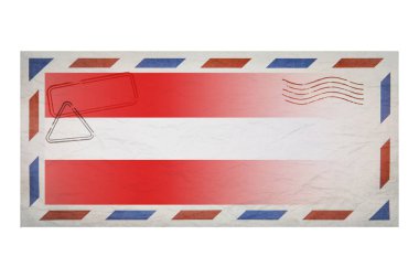 Postal envelope. Envelope with the image flag of Austria. Austrian flag. Old crumpled envelope with stamps. Copy space. Blank mock up. Creative template.