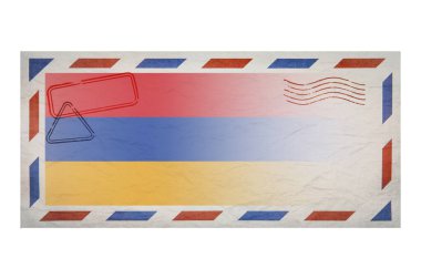 Postal envelope. Envelope with the image flag of Armenia. Armenian flag. Old crumpled envelope with stamps. Copy space. Blank mock up. Creative template.
