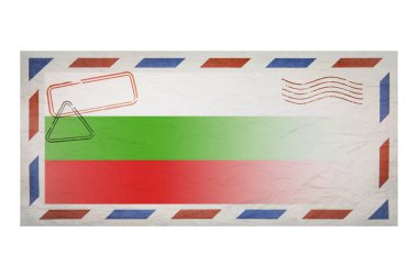Postal envelope. Envelope with the image flag of Bulgaria. Bulgarian flag. Old crumpled envelope with stamps. Copy space. Blank mock up. Creative template.