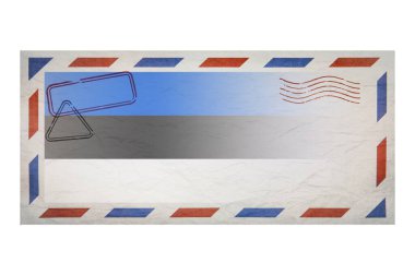 Postal envelope. Envelope with the image flag of Estonia. Estonian flag. Old crumpled envelope with stamps. Copy space. Blank mock up. Creative template.