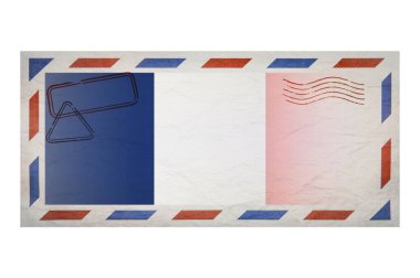 Postal envelope. Envelope with the image flag of France. French flag. Old crumpled envelope with stamps. Copy space. Blank mock up. Creative template.
