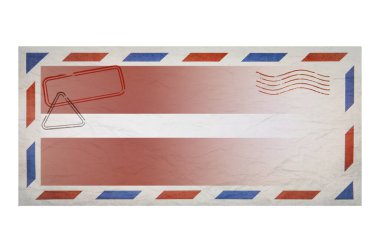 Postal envelope. Envelope with the image flag of Latvia. Latvian flag. Old crumpled envelope with stamps. Copy space. Blank mock up. Creative template.