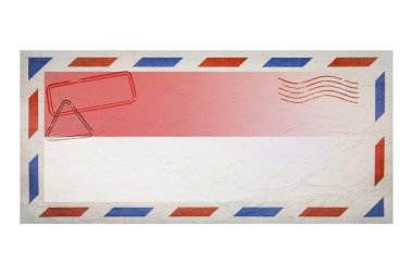 Postal envelope. Envelope with the image flag of Monaco. Principality of Monaco flag. Old crumpled envelope with stamps. Copy space. Blank mock up. Creative template.
