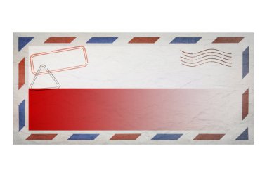 Postal envelope. Envelope with the image flag of Poland. Polish flag. Old crumpled envelope with stamps. Copy space. Blank mock up. Creative template.