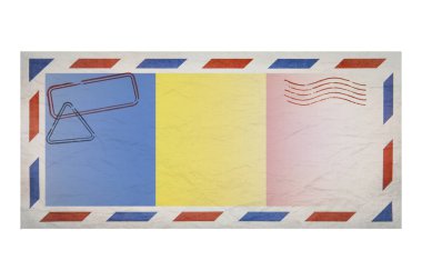 Postal envelope. Envelope with the image flag of Romania. Romanian flag. Old crumpled envelope with stamps. Copy space. Blank mock up. Creative template.