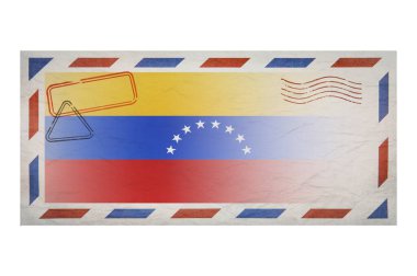Postal envelope. Envelope with the image flag of  Venezuela. Venezuela flag. Old crumpled envelope with stamps. Copy space. Blank mock up. Creative template.