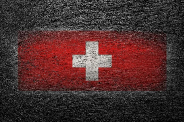 Bandiera Svizzera Bandiera Svizzera Dipinta Una Pietra Nera Sfondo Creativo — Foto Stock