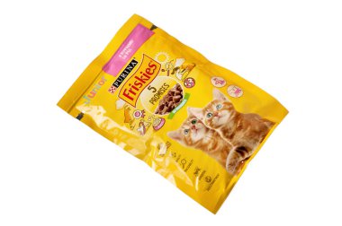 Cat food in a package isolated on white background. Kyiv. Ukraine. April 25, 2022