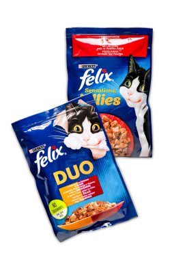 Cat food. PURINA FELIX cat food in a package isolated on white background. Kyiv. Ukraine. April 25, 2022