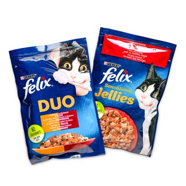 Cat food. PURINA FELIX cat food in a package isolated on white background. Kyiv. Ukraine. 04.25.2022