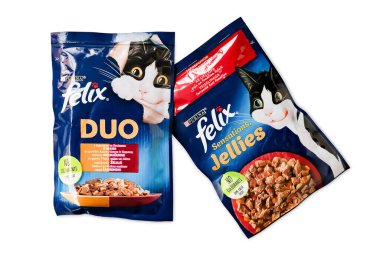 Cat food. Cat food PURINA FELIX in a package isolated on white background. Kyiv. Ukraine. 04.25.2022