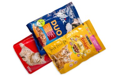 Cat food. PURINA cat food in a pack isolated on white background. Kyiv. Ukraine. April 25, 2022