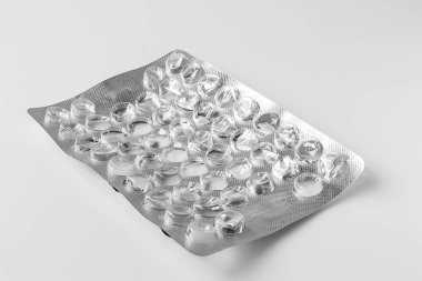 Kullanılmış hap kabarcığı. Boş ilaç kabarcığı. Seçici yumuşak odak.