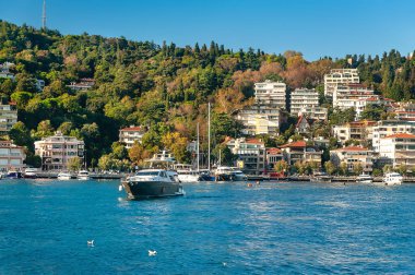 Boğaz 'da bir tekne. İstanbul 'daki Boğaz' da yaşanan durgunluğun arka planına karşı bir tekne. Turistik yerler. İstanbul. Hindi. 09.25.2021.