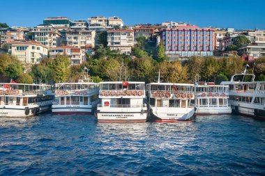 İstanbul 'da turist gemileri. İstanbul 'daki İstanbul Boğazı' nın kenar mahallelerindeki turizm gemileri. Turistik yerler. İstanbul. Hindi. 09.25.2021.