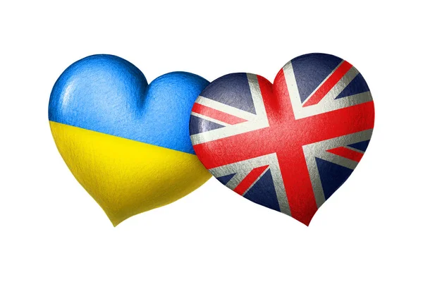 Ukrayna ve Büyük Britanya bayrakları. Bayrakların renginde iki kalp beyaz bir arkaplanda izole edilmiş. Koruma, dayanışma ve yardım kavramı