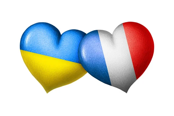 Bandeiras Ucrânia França Dois Corações Nas Cores Das Bandeiras Isoladas — Fotografia de Stock
