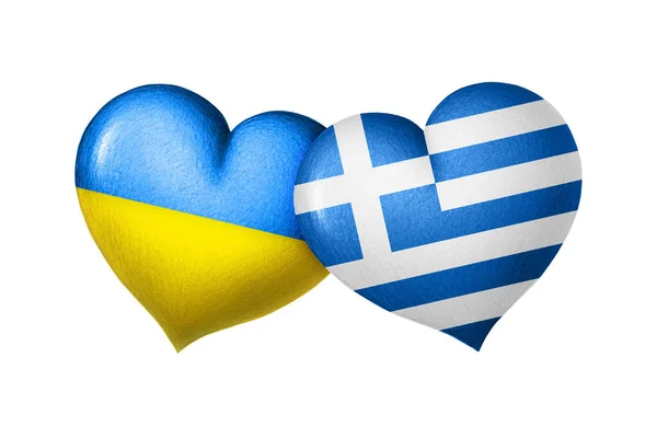 Bandeiras Ucrânia Grécia Dois Corações Nas Cores Das Bandeiras Isoladas — Fotografia de Stock