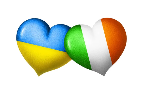 Flags Ukraine Ireland Two Hearts Colors Flags Isolated White Background — Stock Photo, Image