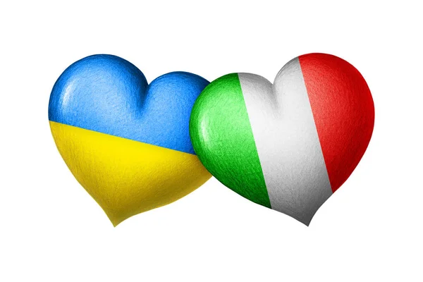 Σημαίες Της Ουκρανίας Και Της Ιταλίας Δύο Καρδιές Στα Χρώματα — Φωτογραφία Αρχείου
