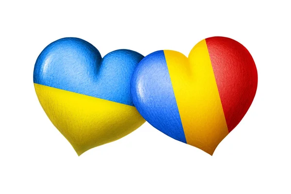 Ukrainas Och Rumäniens Flagg Två Hjärtan Färgerna Flaggorna Isolerad Vit — Stockfoto