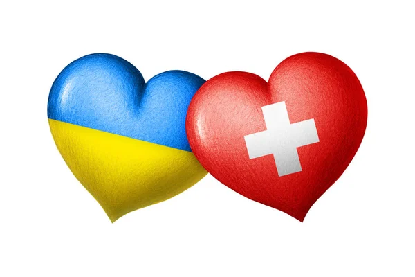Flaggor Från Ukraina Och Schweiz Två Hjärtan Färgerna Flaggorna Isolerad — Stockfoto