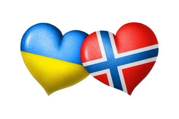 Vlajky Ukrajiny Norska Dvě Srdce Barvách Vlajek Izolovaných Bílém Pozadí — Stock fotografie
