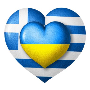 Ukrayna ve Yunanistan bayrakları. Bayrakların renginde iki kalp beyaz bir arkaplanda izole edilmiş. Koruma, dayanışma ve yardım kavramı. Ülkelerin işbirliği.