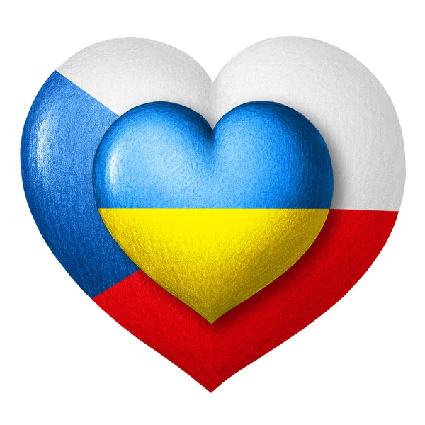 Ukrainas Och Tjeckiens Flaggor Två Hjärtan Färgerna Flaggorna Isolerad Vit — Stockfoto