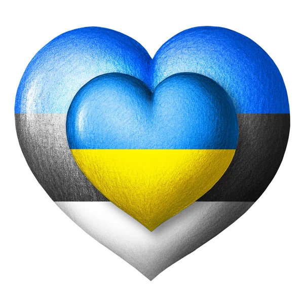 ウクライナとエストニアの国旗 白い背景に隔離された旗の色の2つの心 連帯とヘルプの概念 国家の連合 — ストック写真
