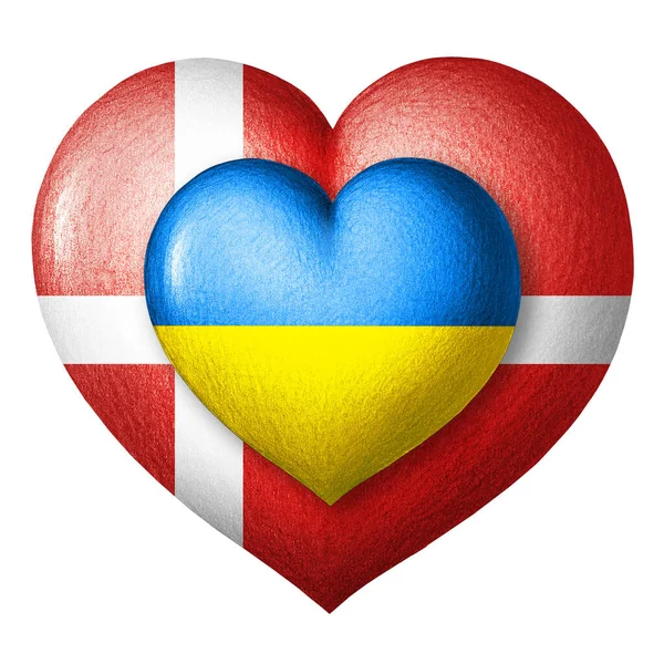 乌克兰和丹麦的国旗 两颗心在国旗的颜色上隔离在一个白色的背景上 团结和帮助概念 各国的合作 — 图库照片