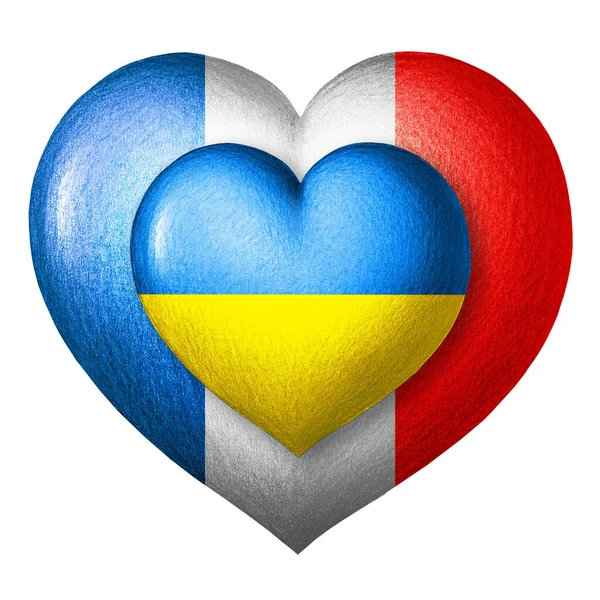 Прапори України Франції Два Серця Кольорах Прапорів Ізольовані Білому Тлі — стокове фото