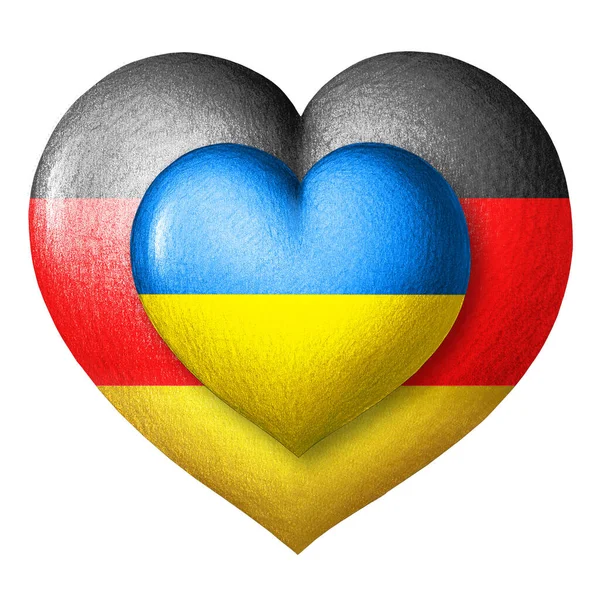 Σημαίες Της Ουκρανίας Και Της Γερμανίας Δύο Καρδιές Στα Χρώματα — Φωτογραφία Αρχείου