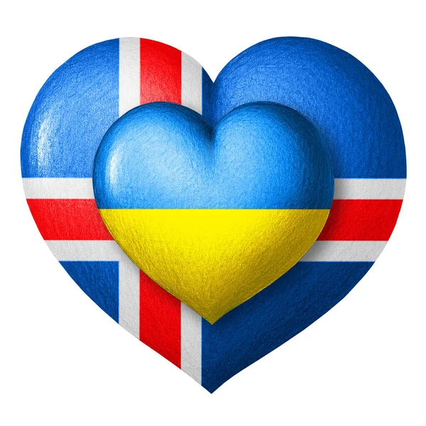 ウクライナとアイスランドの国旗 白い背景に隔離された旗の色の2つの心 連帯とヘルプの概念 各国の協力 — ストック写真