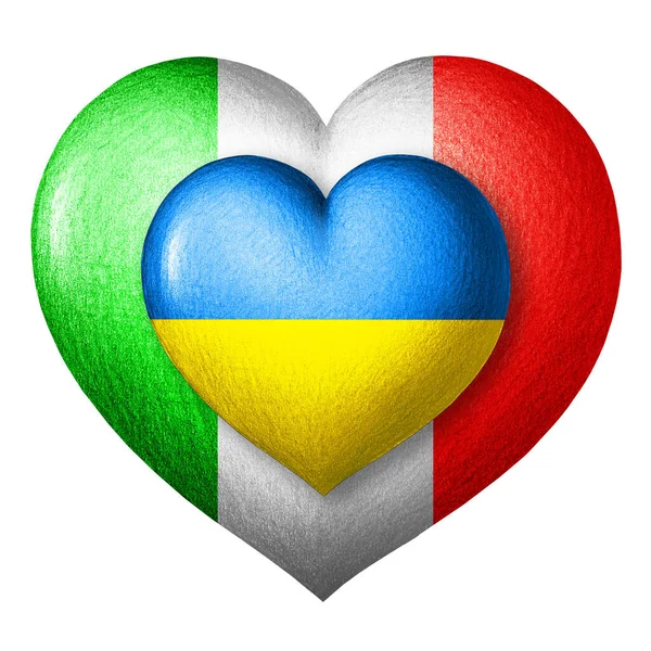 Ukrajna Olaszország Zászlói Két Szív Zászlók Színeiben Fehér Alapon Elszigetelve — Stock Fotó