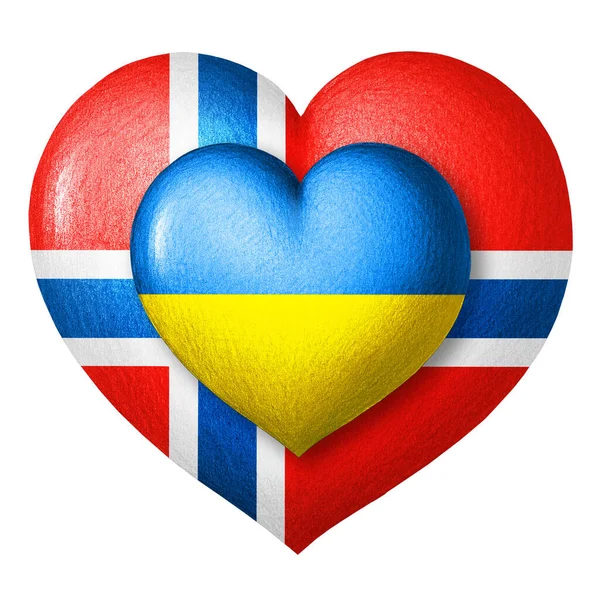 ウクライナとノルウェーの国旗 白い背景に隔離された旗の色の2つの心 連帯とヘルプの概念 各国の協力 — ストック写真