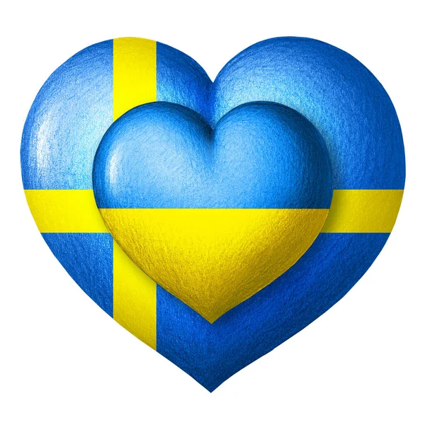 ウクライナとスウェーデンの国旗 白い背景に隔離された旗の色の2つの心 連帯とヘルプの概念 国の協力 国家の連合 — ストック写真