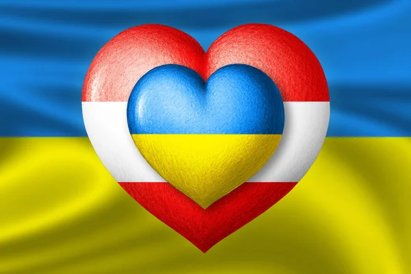 Flags of Ukraine and Austria. Two hearts in the colors of the flags on the background of the flag of Ukraine. Protection, solidarity and help concept. Cooperation of countries.