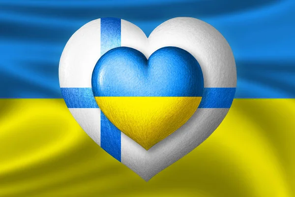 ウクライナとフィンランドの国旗 ウクライナの国旗を背景に旗の色で2つの心 連帯とヘルプの概念 各国の協力 — ストック写真