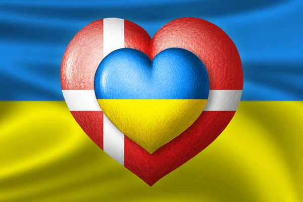 Flaggor Från Ukraina Och Danmark Två Hjärtan Färgerna Flaggorna Bakgrunden — Stockfoto