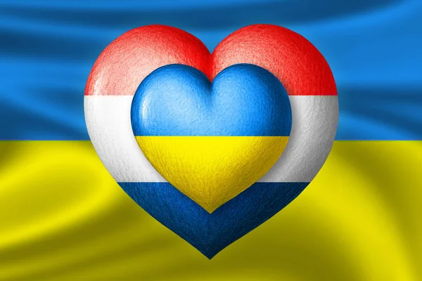 Flags of Ukraine and Netherlands. Two hearts in the colors of the flags on the background of the flag of Ukraine. Protection, solidarity and help concept. Cooperation of countries.