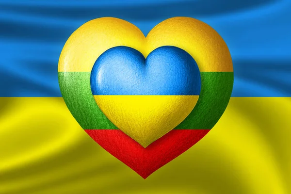 Flags of Ukraine and Lithuania. Two hearts in the colors of the flags on the background of the flag of Ukraine. Protection, solidarity and help concept. Coalition of States.