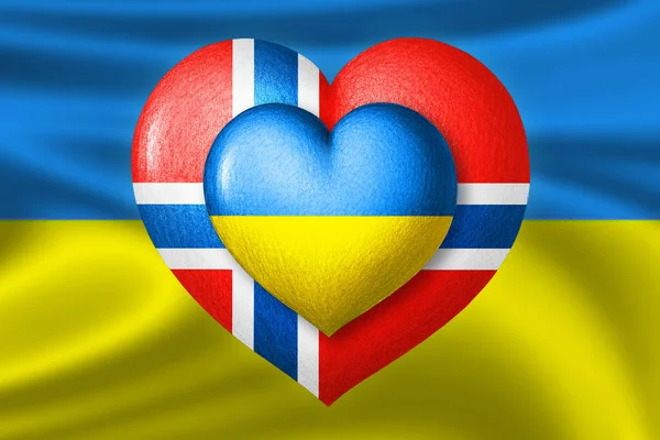 Flags of Ukraine and Norway. Two hearts in the colors of the flags on the background of the flag of Ukraine. Protection, solidarity and help concept. Cooperation of countries.